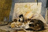 Henriette Ronner-knip Canvas Paintings - A Cat and her Kittens in the Artists Studio
